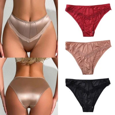 Cuecas femininas corte alto cetim sedoso calcinha tanga sexy renda lingerie - Imagem 1 de 4