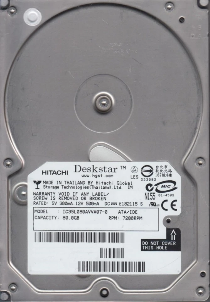 82.3 GB IDE Hitachi Deskstar IC35L080AVVA07-0 P-ATA 7200RPM 2MB 3.5" Hard Drive - Image 1 of 1