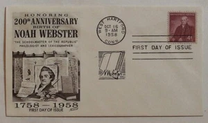 Edición de portada de primer día FDC FDI 200 aniversario nacimiento Noah Webster 1958 Hartford CT # - Imagen 1 de 2