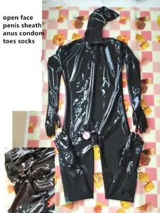 Gesichtseingang Latex Voll Catsuit mit Zehen kein Reißverschluss mit zwei Hüllen 0,4mm maßgeschneidert - Bild 1 von 5