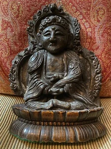 Antique Chinese Cave Stone Carved Buddha on Fitted Wood Carved Lotiform Base - Picture 1 of 12