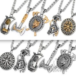 Wikinger Schmuck Edelstahl Anhänger Halskette Wolf Drache Axt Schiff Runen Biker - Bild 1 von 32