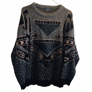 RARE Vtg Ashley Knit Crazy All Over Print Sweater Leather L/XL See Measurements - Picture 1 of 6