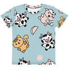 Cartoon Cat and Cow All-Over Print Tee Cute Animals Kids Crew Neck T-Shirt Gift