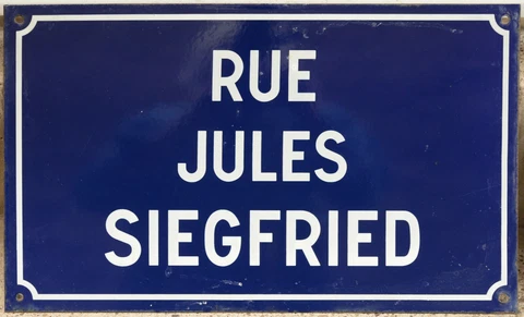 Old blue French enamel street sign road name Jules Siegfried Saint Quentin Cover