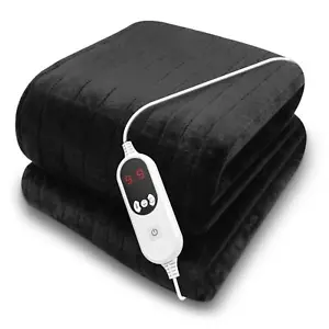 Heated Throw Black Soft Fleece 160 x 120cm Electric Blanket 9 Heat Settings - Picture 1 of 7