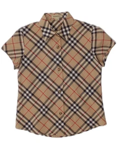 BURBERRY Girls Short Sleeve Shirt 7-8 Years Beige Plaid Cotton DN13 - Picture 1 of 3