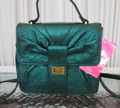Betsey Johnson Green Glitter Bow Satchel Crossbody Bag Purse NWT - Image 1 of 4