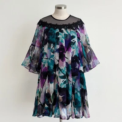 Anthropologie Dress Floral Watercolor Sheer Flutter Sleeve Black Lace Trim Small - Image 1 of 4