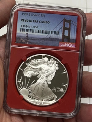 1989-S $1 American Silver Eagle Proof Coin NGC PF69 Red Core Golden Gate Label - Image 1 of 2
