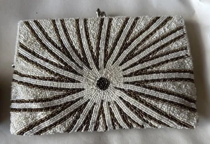 Moyna Beaded Purse Clutch Bag Ivory Gold Brown Times New - Picture 1 of 22