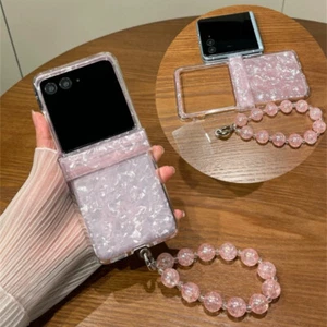 Pink Shell Pattern Wrist Chain Hinge Case Cover For Motorola Razr+Plus 2024 2023 - Picture 1 of 19