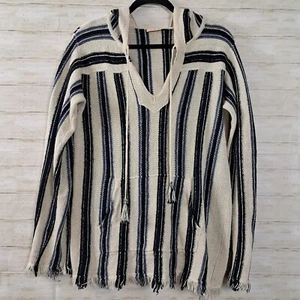 Tory Burch Striped Baja Pullover Hooded Tunic Top Sweater Linen Fringe Small - Picture 1 of 14