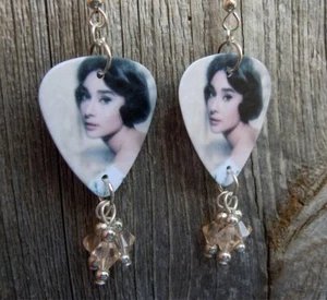 Audrey Hepburn Guitar Pick Earrings with Silk Swarovski Crystal Dangles - Picture 1 of 3