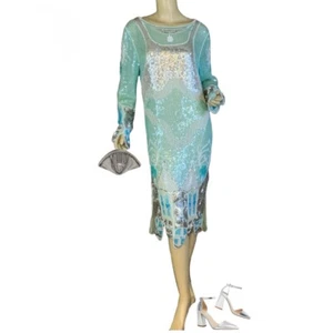 WOMEN'S VINTAGE 1980’S ZEBUN AQUA BLUE & SILVER SILK SEQUIN DRESS APPX SZ M - Picture 1 of 14