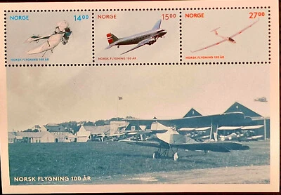 Noruega MNH - Aviones Aviación Norge 100 Aniversario 3 Estampillas Bloque Foto 1 de 3