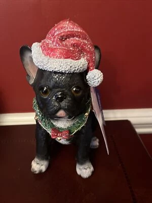 Estatua iluminada de bulldog francés Frenchie con sombrero y corona de Santa - Sociedad humana Foto 1 de 4