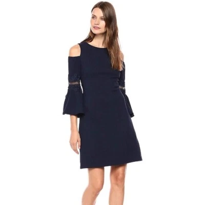 Eliza J. Women's Navy Blue Cold Shoulder Lace Bell Sleeve Dress size 10 CFK - Image 1 of 4