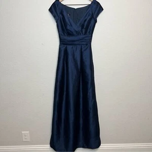 Alfred Sung Women Formal Gown 2 Midnight Blue Satin Cap Sleeve Pockets Nordstrom - Picture 1 of 9