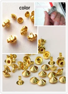 200pz borchie a cono con rivetto 9mm ORO+ 6pz teschio ORO + Applicatore - Picture 1 of 1