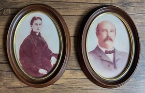 Antique Mustache Man & Woman Portraits In Deep Dish Oval Wood Picture Frames - Picture 1 of 4