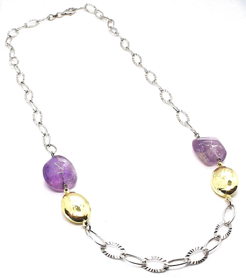 COLLANA ARGENTO 925 CON AMETISTA VIOLA CATENA OVALI LAVORATI LUNGHEZZA 65 CM - Immagine 1 di 4