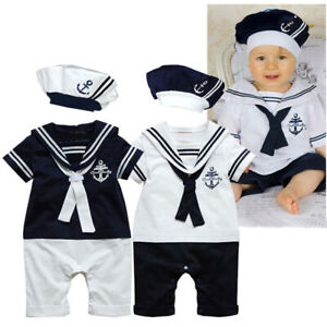 SAILOR Newborn Baby Boy Romper +Hat One Piece Navy Suit Grow Summer Outfit sets