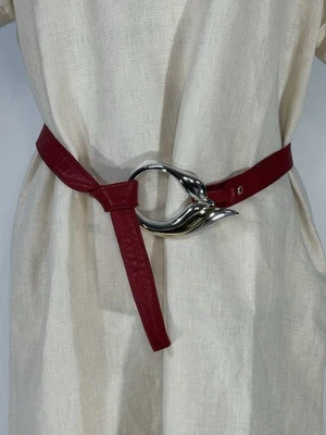 Vintage Alexis Kirk Red Soft Leather Belt Silver And Gold Swank 80s Retro Glam - Image 1 of 4