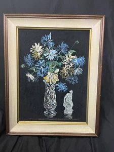 VINTAGE FRAMED BLACK VELVET STILL LIFE PAINTING 14 X 16” FLORAL VASE - Picture 1 of 8