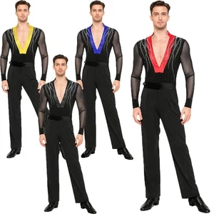 Mens Dancewear Dance Set Salsa Outfits Jazz Long Sleeve Costume Bodysuit Tango - Picture 1 of 43