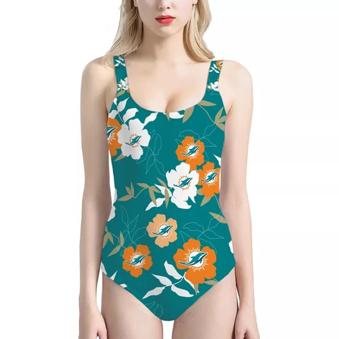Miami Dolphins Women One Piece Swimsuit Bathing Wear Beach Bikini Thong Swimwear Cover