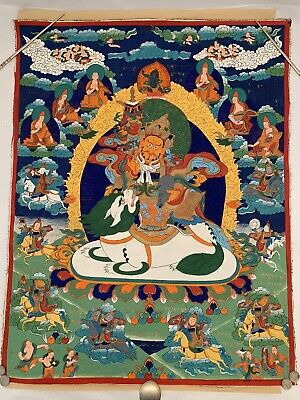 Antique Tibetan Buddhist Bodhisattva Dzambhala Wealth Buddha Thangka 23” X 30” • 425£