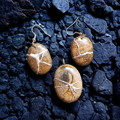 Jasper Gemstone Kintsugi Handmade Jewelry Art Necklace And Earrings Set Gift For - Image 1 of 4