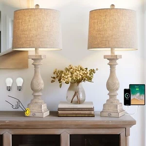 27" Farmhouse 3way Dimmable Touch Control Table Lamp Set Of 2 With Usb A &usb C - Picture 1 of 5