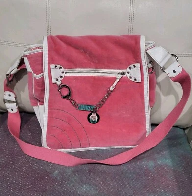 VTG Y2K Juicy Couture Pink Messenger Bag Purse Handbag Velour School Laptop - Image 1 of 4