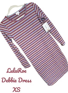 NWT Lularoe Debbie Dress- Classic Red, Blue and Grey Stripes- XS - Afbeelding 1 van 6