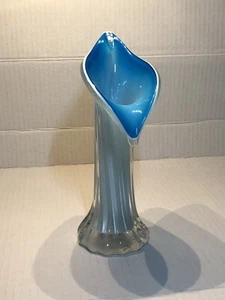 Jack In The Pulpit Opalescent Swirl Blue and White Art Glass Vase 7.5" Tall - Picture 1 of 6