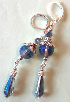 Pendiente colgante facetado CRISTAL AZUL MONTANA SP LEVERBACK hecho a mano XXBA Foto 1 de 4