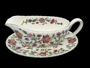 Minton Haddon Hall Chintz w Green Trim 2pc Gravy Boat & Under-Plate B-1451 - Picture 1 of 6