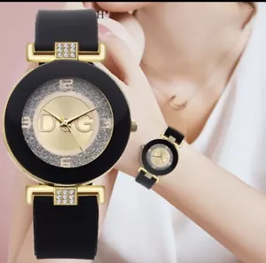Damen Armbanduhr Schwarz Gold mit Strass strapazierfähiges Silikon Armband - Bild 1 von 7