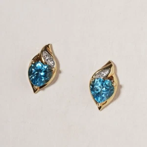 Heart Shaped Blue Topaz Diamond Stud Earrings 10ct Yellow Gold Small Petite - Picture 1 of 7