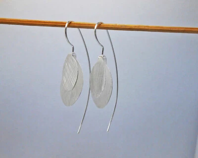 Double Leaf Long Threader Earrings 925 Sterling Silver, Handmade Silver Jewelry - Image 1 of 4