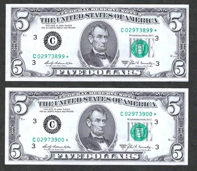 1969-A $5 PHILADELPHIA ** STAR NOTES ** CONSECUTIVE PAIR GEM CRISP UNCIRCULATED - Image 1 of 2