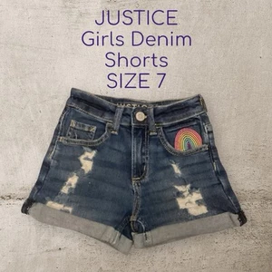 Justice Shorts Girls 7 Denim Jeans Roll Hem Distressed Rainbow Embroidered - Picture 1 of 10