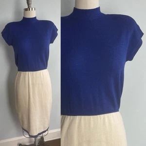 Color Block St John Knit Marie Gray 1980s 80s Blue and Off White Dress - Picture 1 of 7
