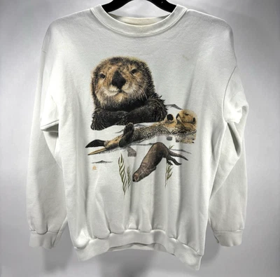 VTG 1994 Tultex Otters Wildlife White Pullover Crewneck Sweater Men's Size L - Image 1 of 4