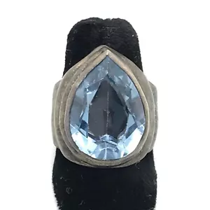 Vintage Sterling Silver & Huge Teardrop Cut Blue Topaz Ring sz 6-6.5 - Picture 1 of 13