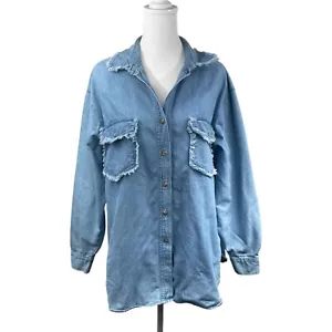 VTG 80s Denim Button Up Shirt Size L Shacket Frayed Cottage Hippy Boho Lagenlook - Picture 1 of 7