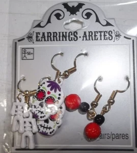 Earrings Aretes Halloween 3 Pair Sets - Skull, Skelton and Orange Ovals - Picture 1 of 2