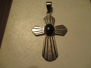 Sterling Silver Cross Pendant w/ Black Onyx Center Stone - Picture 1 of 3